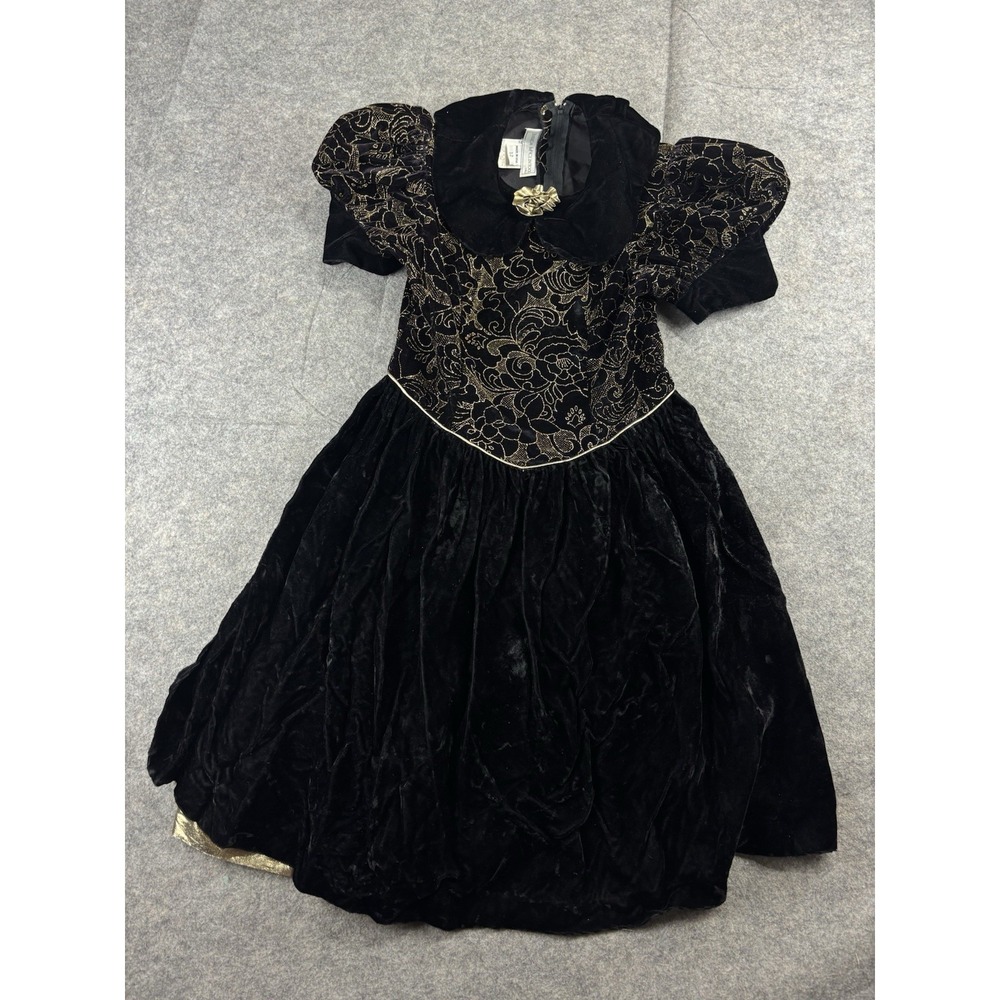 Jessica McClintock Girls 12 USA Gold Velvet Peter Pan Collar Holiday‎ Dress SEE